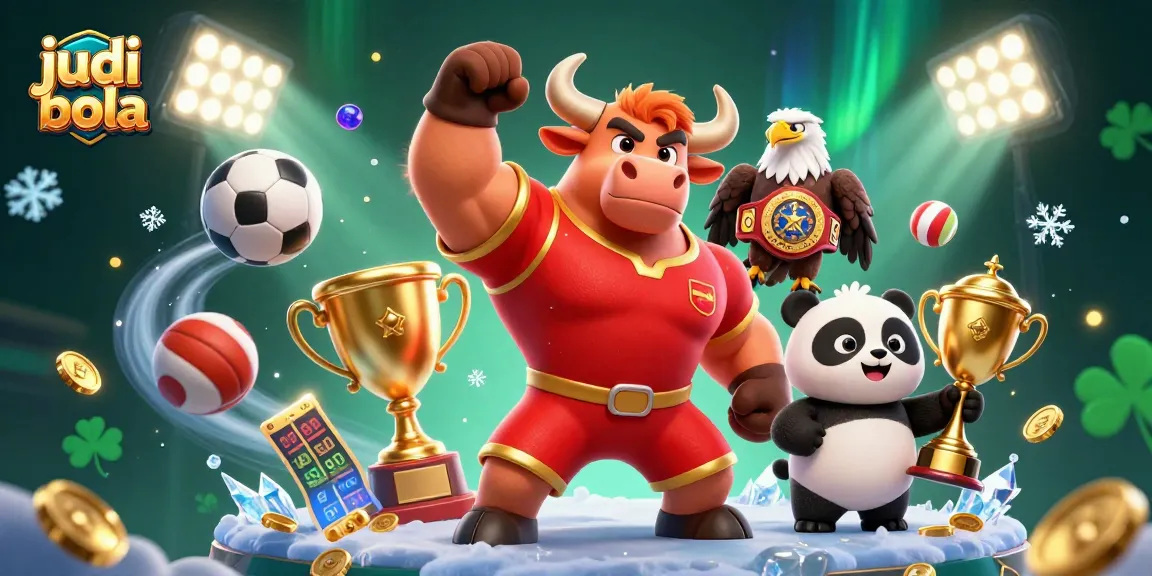 Celebrate judi bola with a dynamic 3D illustration featuring mascots and sports elements in action.