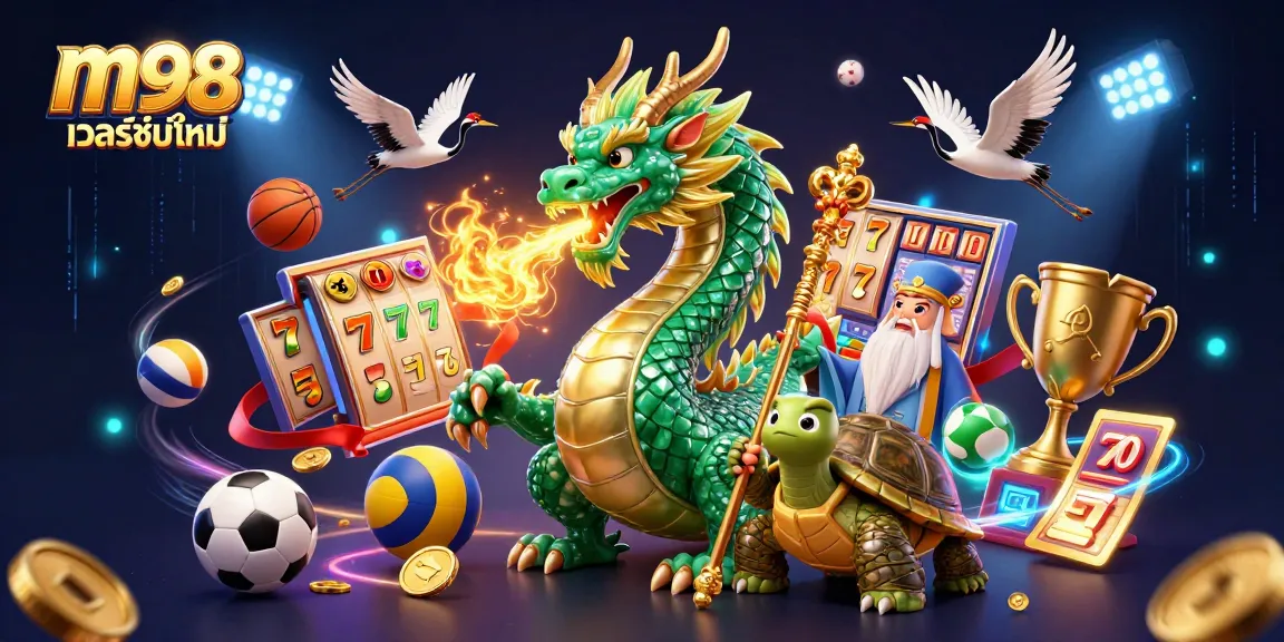 Engage with m98 เวอร์ชั่นใหม่ in an immersive casino illustration showcasing winning elements.