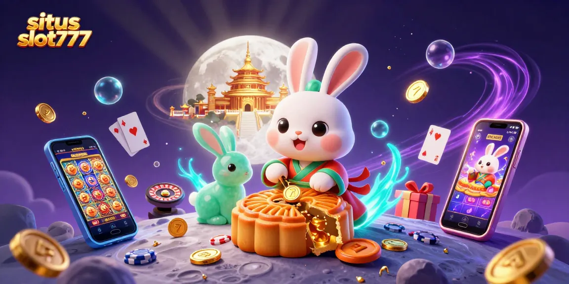 Engage with situs slot777 as a cartoon moon rabbit reveals jackpots while surrounded by slot games and golden coins.