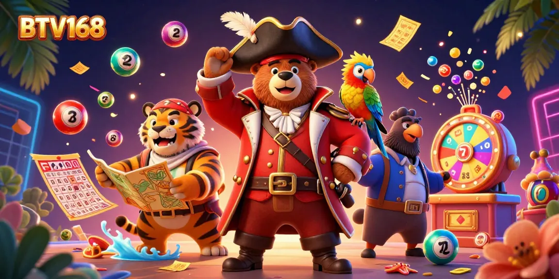 BTV168 pirate-themed casino illustration featuring a bear captain, tiger first mate, and lottery elements showing action and excitement.