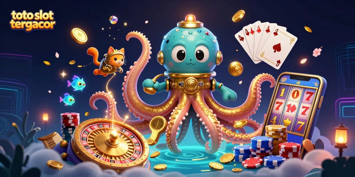 Catch thrilling wins in toto slot tergacor with a unique illustration featuring a kraken, diving cat, and shimmering gems!