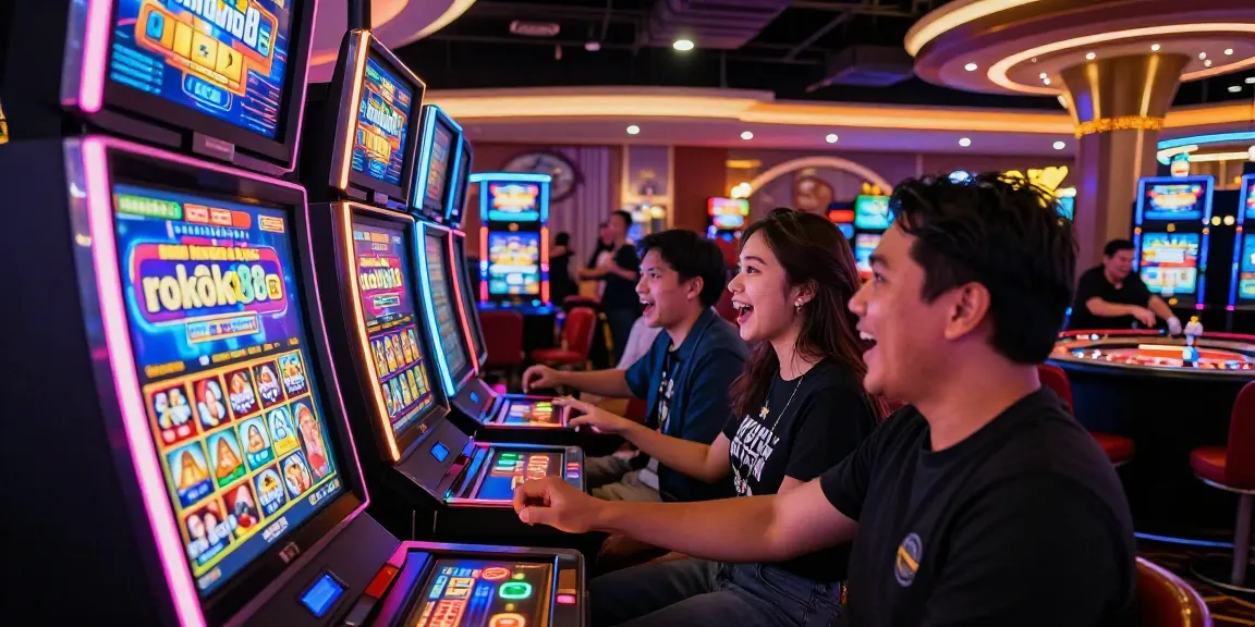 Engaged players at the rokok88 slot login machine in a lively casino setting, enjoying exciting gaming moments.