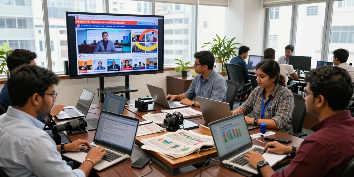 Dynamic news reporting team at work on https://www.theindaily.com, showcasing collaboration and media tools in an urban office setting.