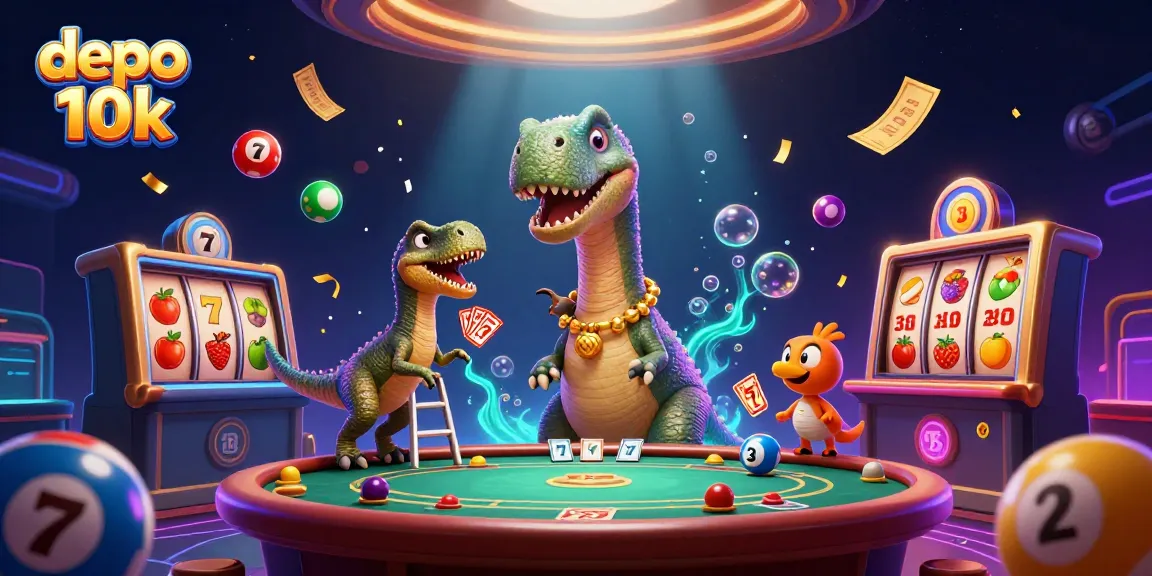 Play exciting games at depo 10k with a colorful casino scene featuring fun characters and vibrant elements.